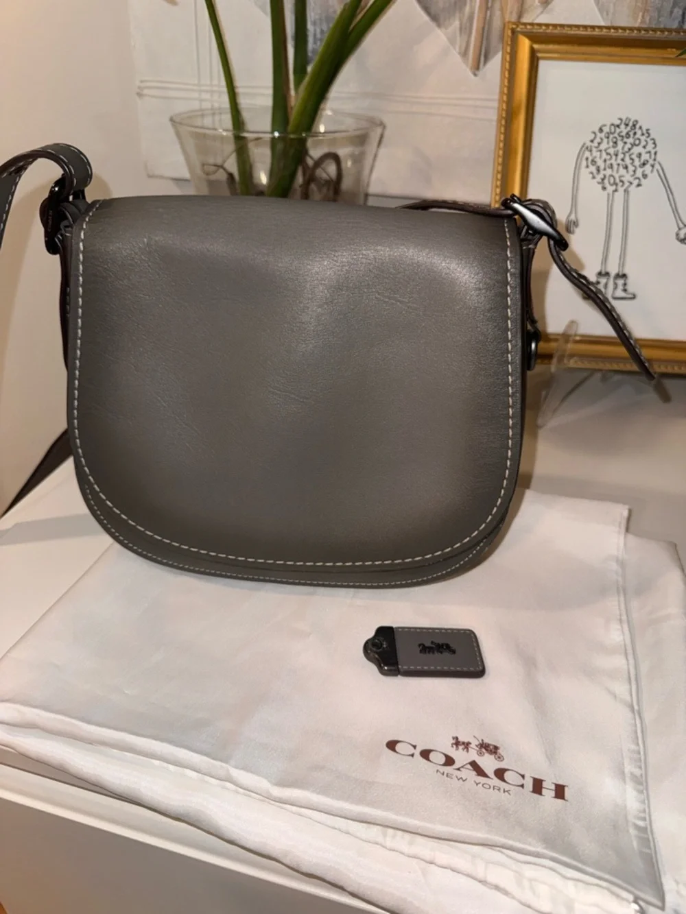 Coach Gray Leather Saddle Crossbody Bag with White Stitching - Picture 11 of 16